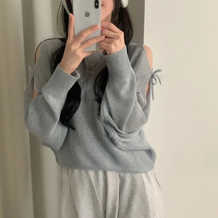 Ribbon Tie Open-Shoulder Knit Top(5 colors)