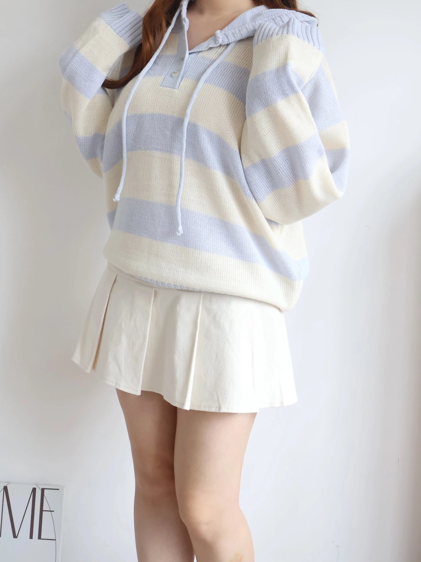 Misty Striped Knit Hoodie(Cream x Sky Blue)