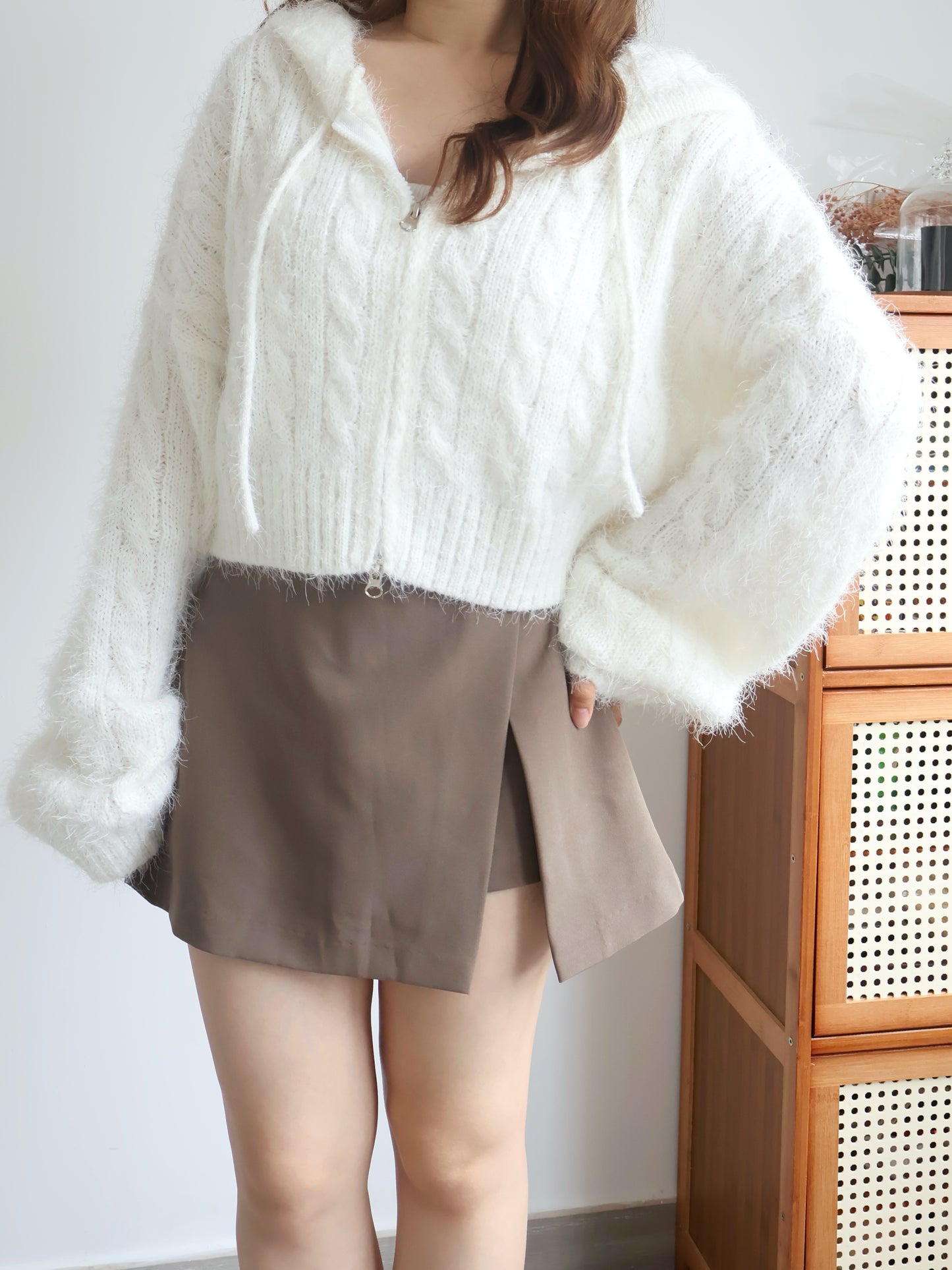 Festive Fluffy Zip Hooded Cardigan(Ivory)