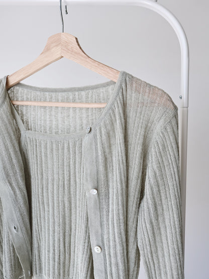 Breezy Cooling Linen Cami + Shell Button Cardigan Set(Matcha)