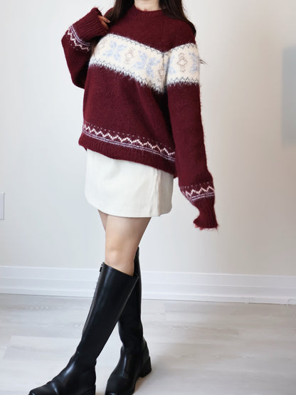 [10% WOOL] Snowflake Oversized Sweater(Burgundy)