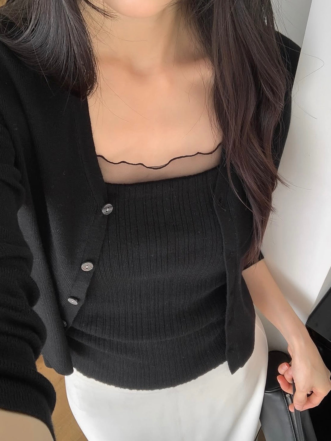 [2-Piece Set] Romantic Semi-Sheer Padded Camisole with Ultra-Soft Cardigan(Black)