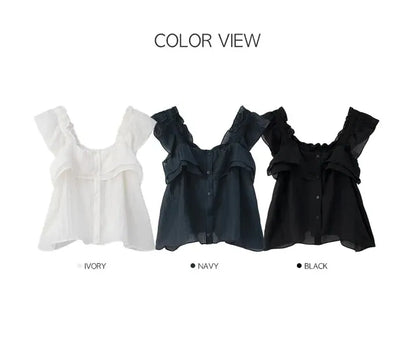 Flowy Tiered Buttoned Chiffon Flutter Sleeves Blouse(3 Colors)