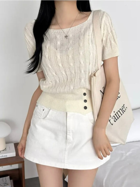 Daily Square Button Cable Knit Top