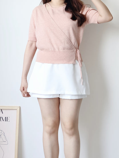 Lighweight Eyelet Overlap Linen Knit Top(Peach)