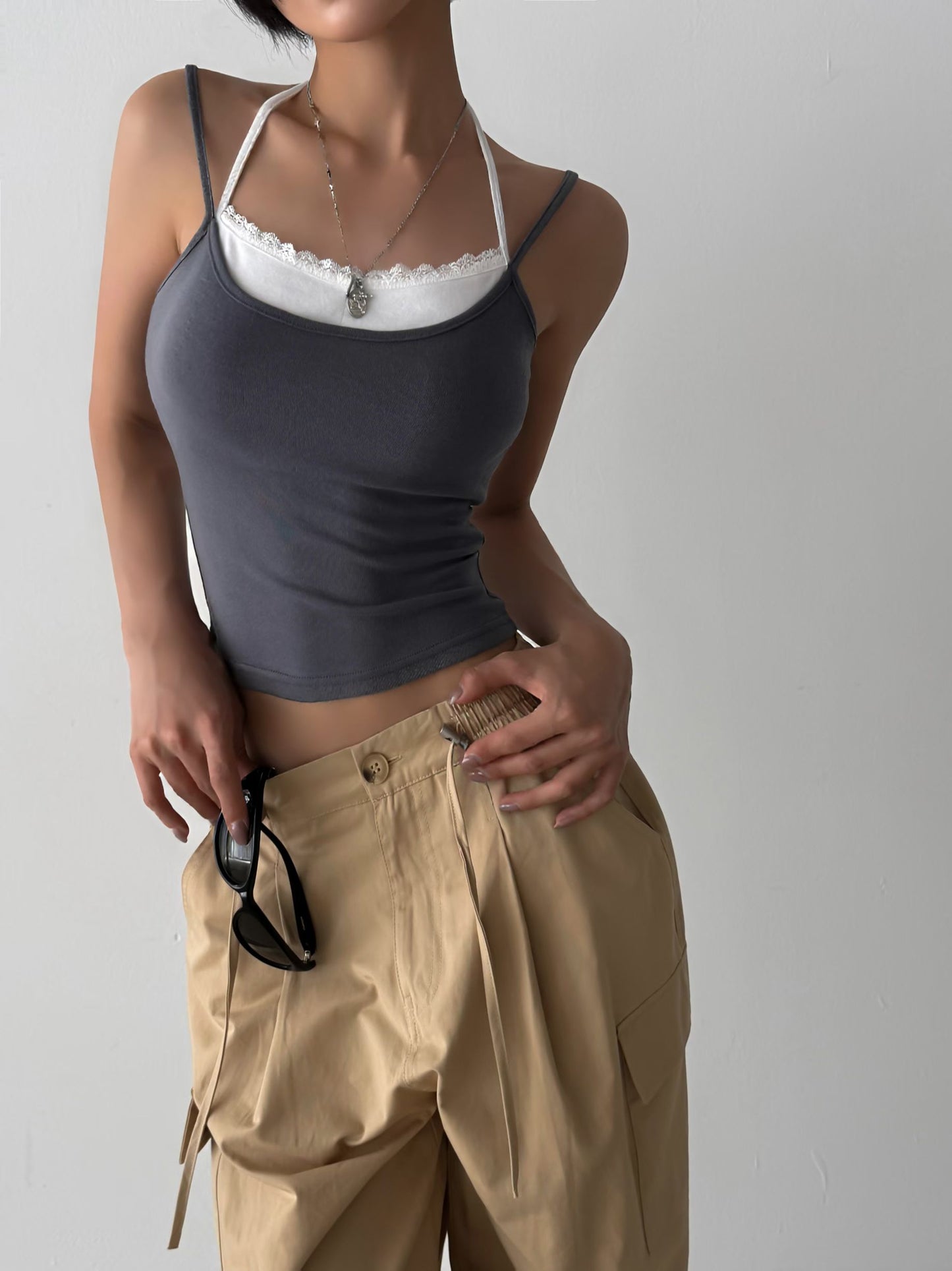 Layered Lace-Trim Halter Bra Top(4 Colors)