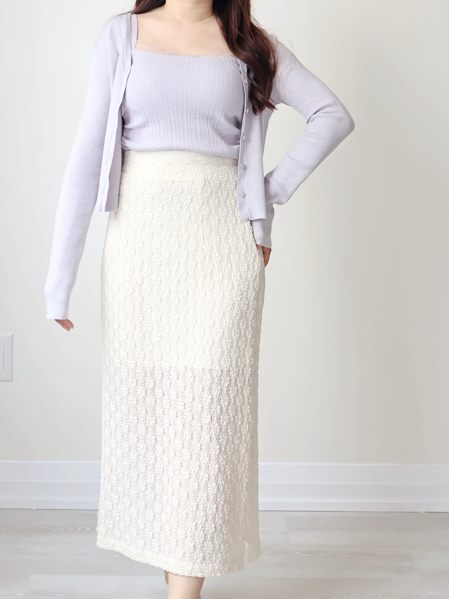 [2-Piece Set] Romantic Semi-Sheer Padded Camisole with Ultra-Soft Cardigan(Lavender)
