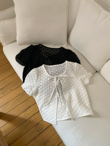 Dainty Daisy Hollow-Out Sheer Bow-Tie Cardigan(2 colors)
