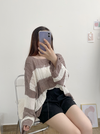 Soft Cable-Knit Colour-Block Top(Brown)