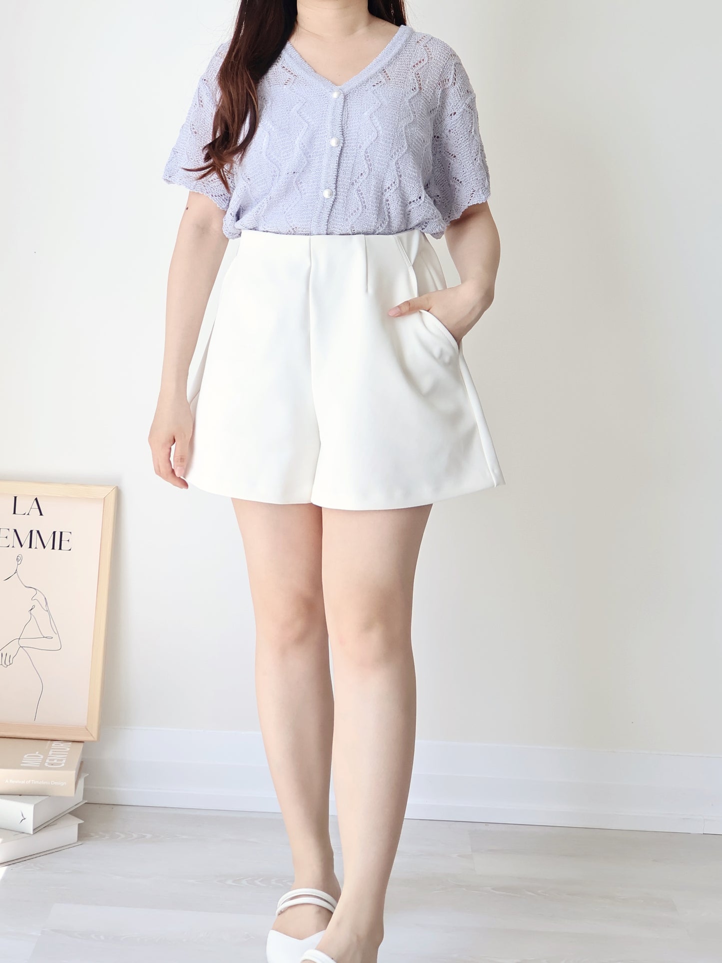 [Wrinkle-Free] Hidden Elastic Waist Tummy-Flattering A-Line Shorts(Ivory)