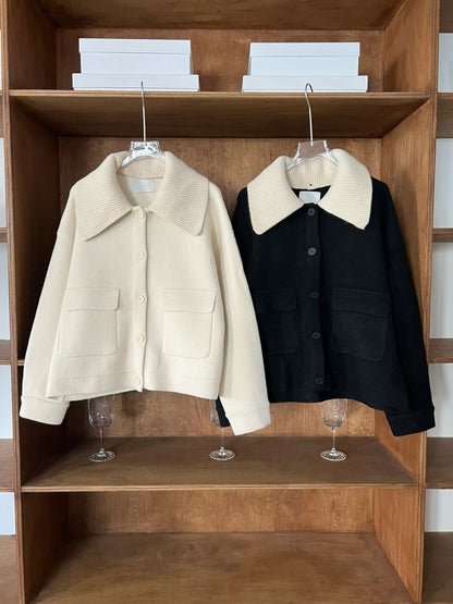 [10% Wool] Detachable Knit-Collar Jacket with Double Pockets(2 Colors)