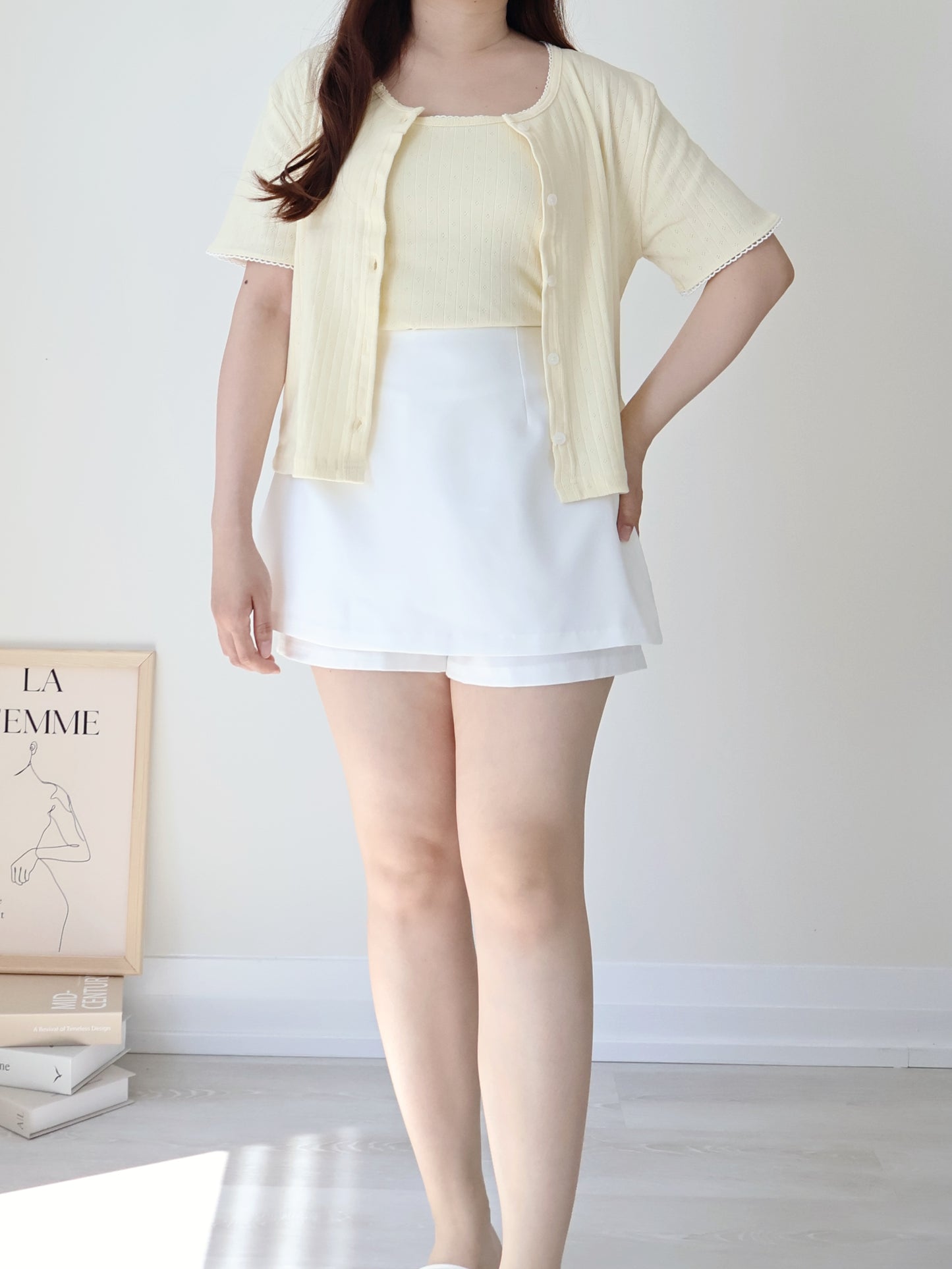 Graceful Contrast-Trim Jacquard Cotton Cami + Cardigan Set(Light Yellow)