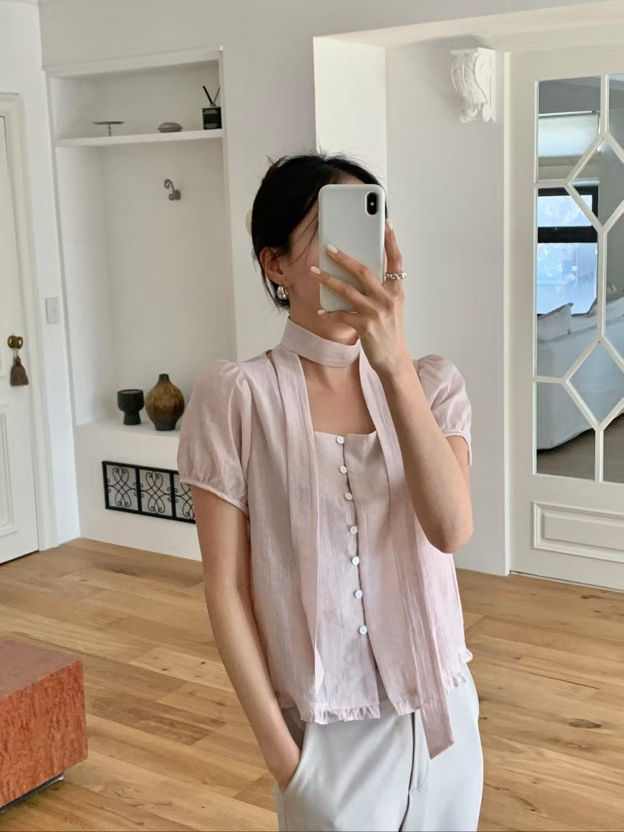 Romantic Square-Neck Buttoned Tencel Blouse(4 Colors)