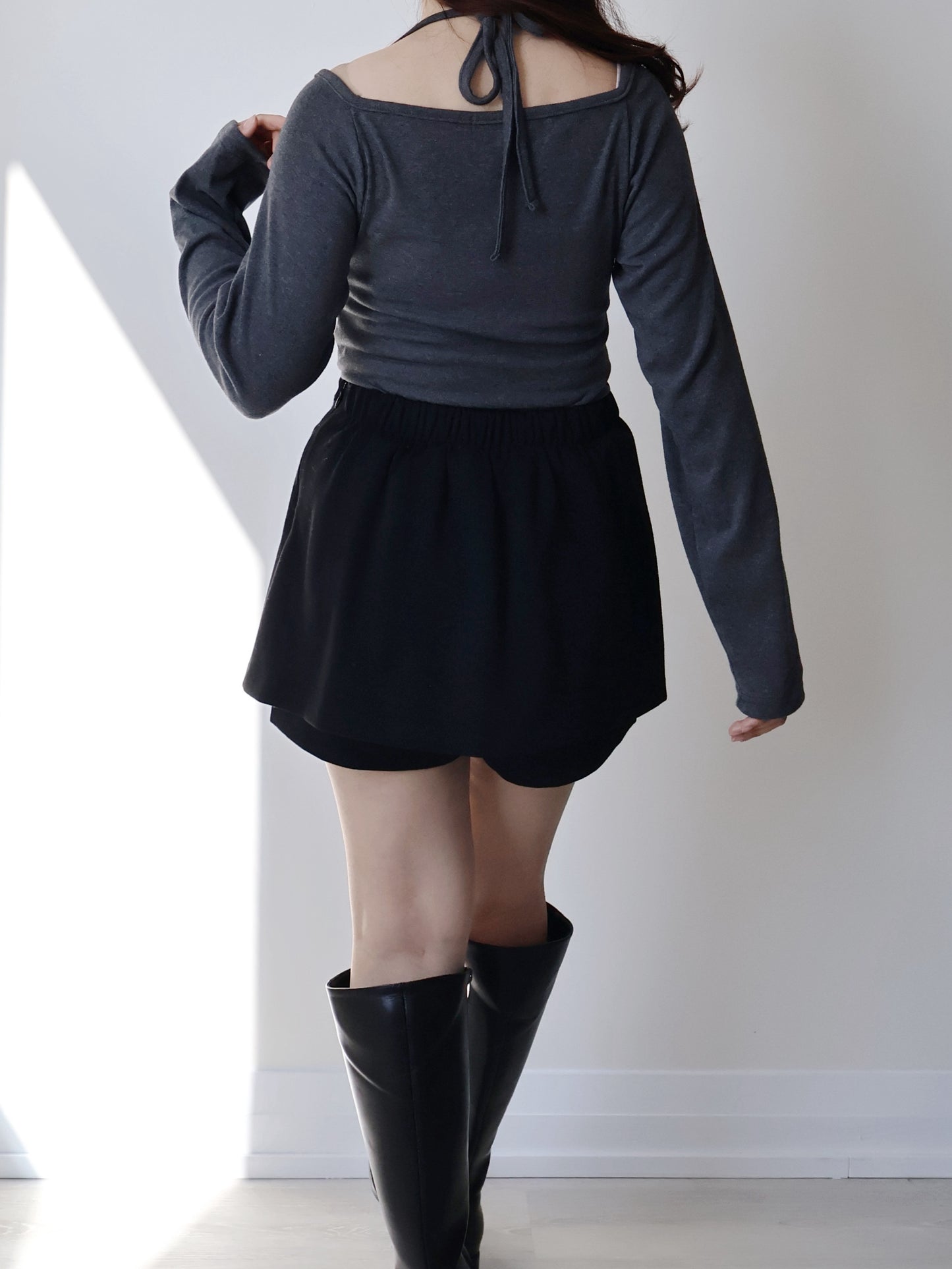 Wrinkle-Free Stretch Cotton A-Line Skort(Black)