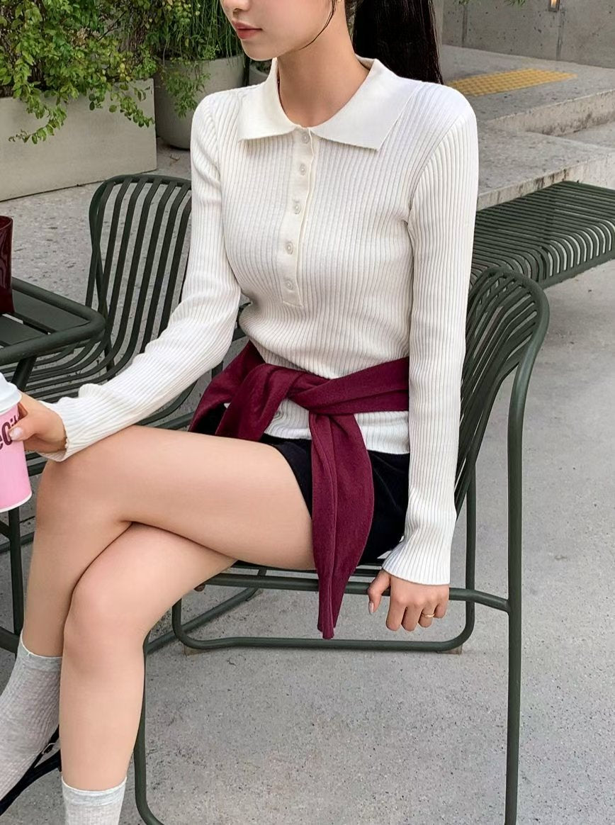 Sophisticated Stretch Polo Rib-Knit Top(4 colors)