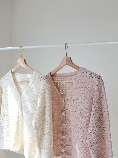 Romance V-Neck Eyelet Knit Cardigan(Beige)