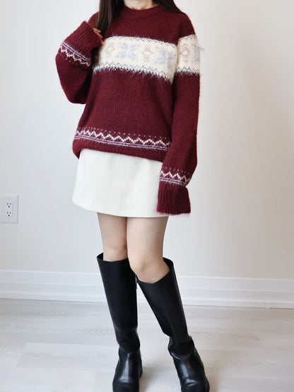 [10% WOOL] Snowflake Oversized Sweater(Burgundy)