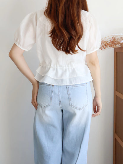Airy Square-Neck Cinched Chiffon Blouse(Ivory)
