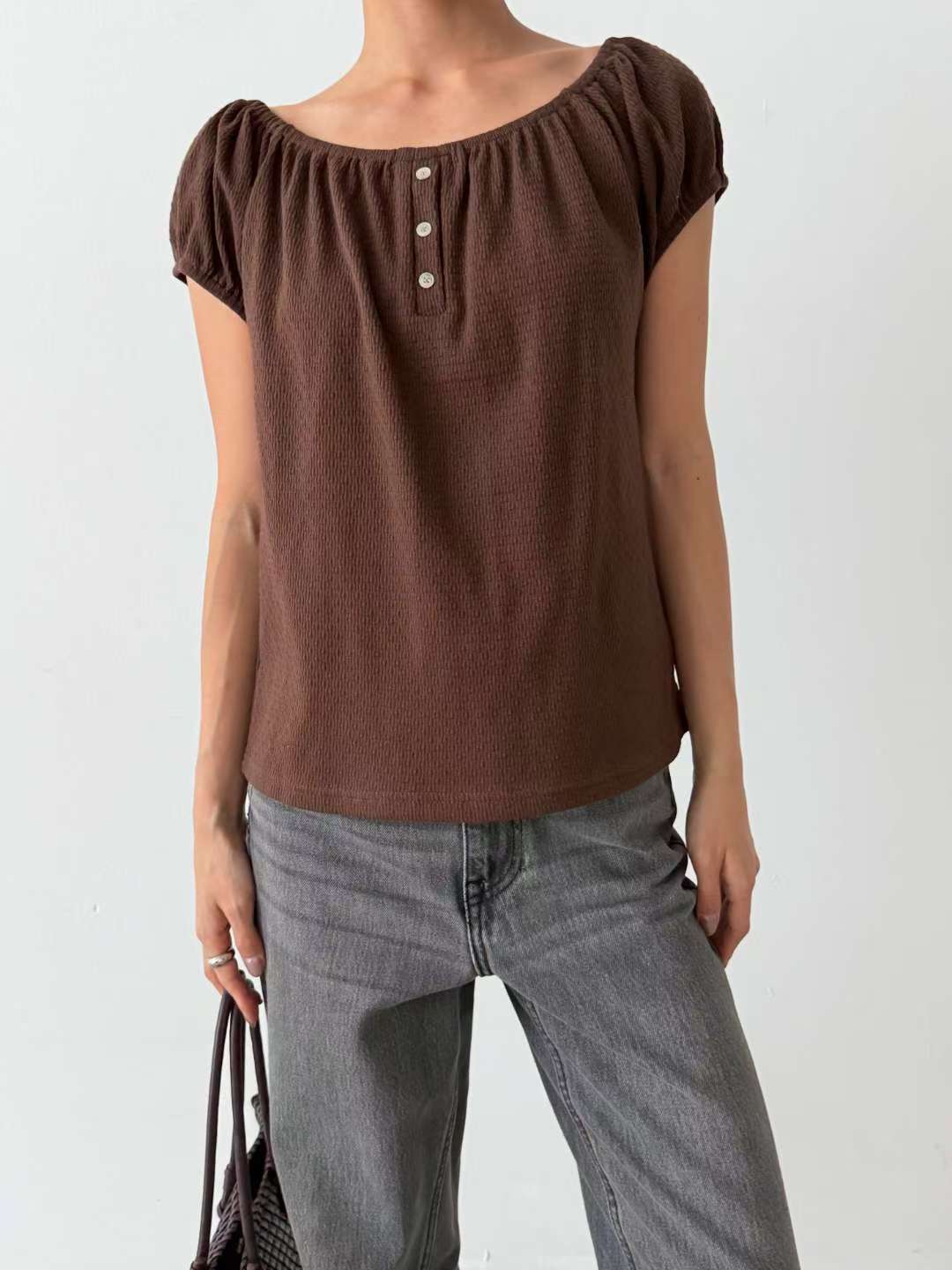 [Wrinkle-Free] 2-Way Earth Tone 3-Button Puff-Sleeve Blouse(4 colors)