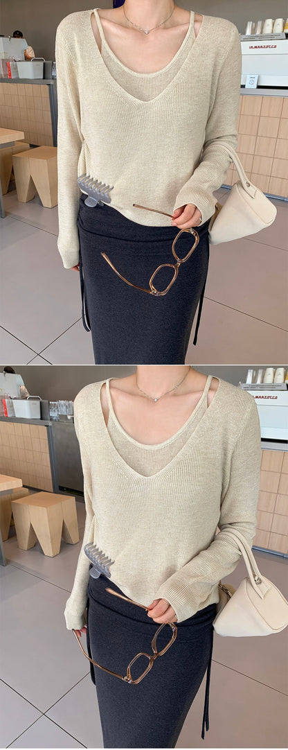 [6% Wool] Flutter V-Neck Attached Halter Knit Top(8 colors)