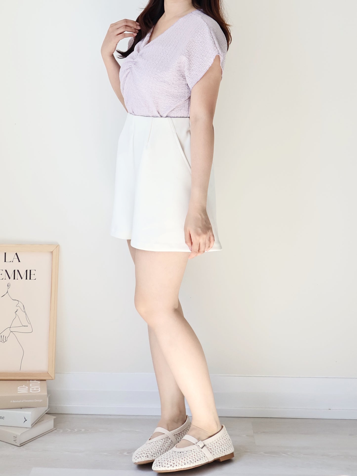 [Wrinkle-Free] V-Neck Waffle Arm-Concealing Top(Lavender)