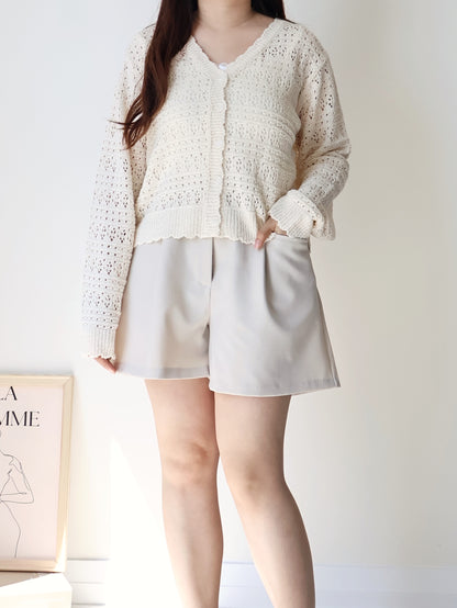Romance V-Neck Eyelet Knit Cardigan(Beige)