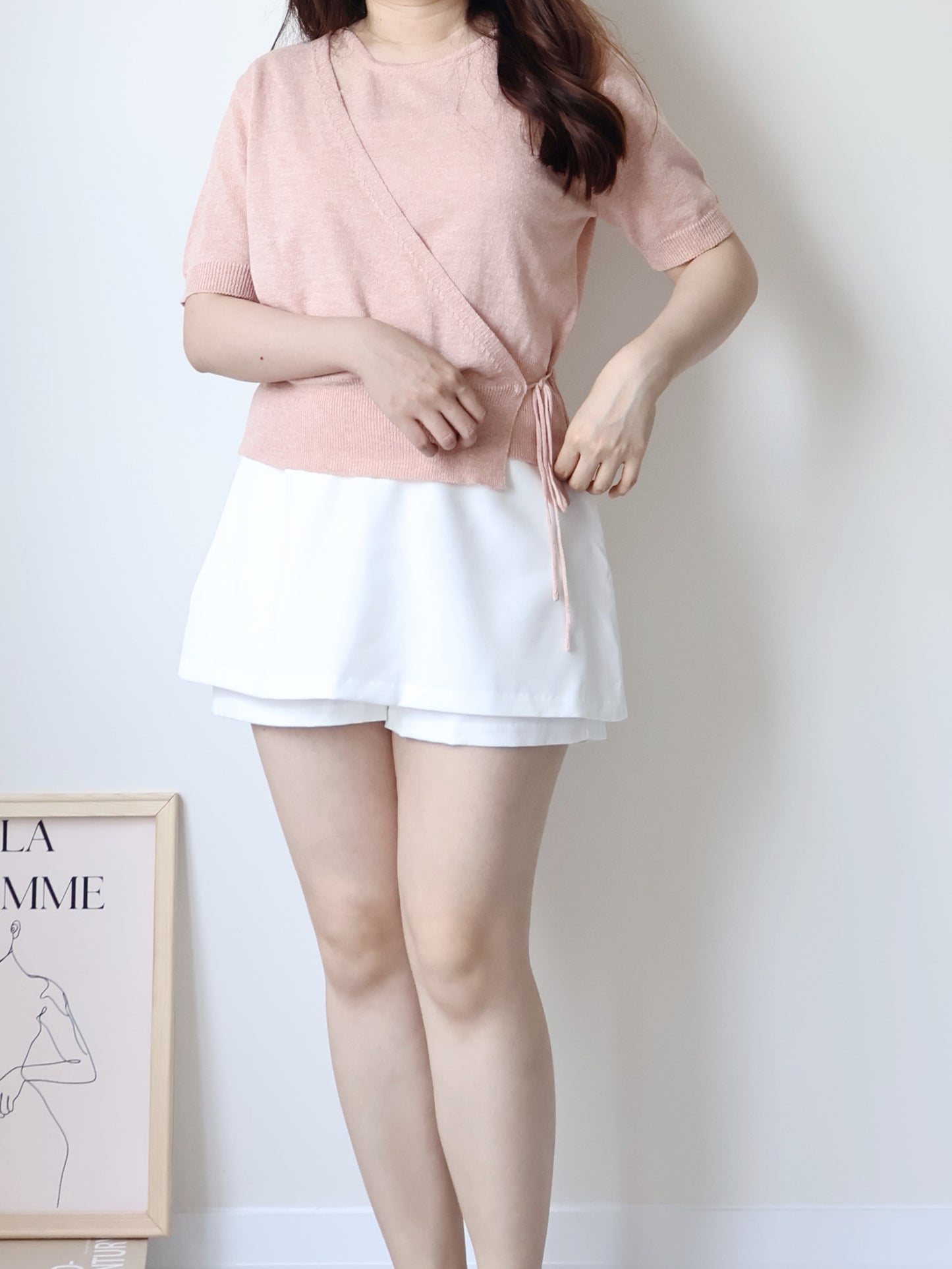 Lighweight Eyelet Overlap Linen Knit Top(Peach)