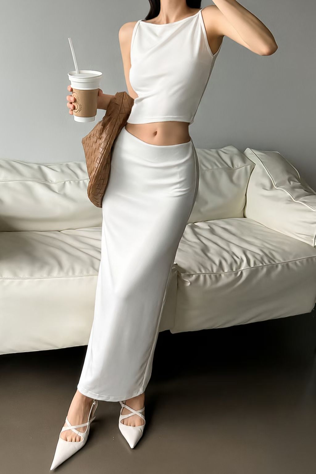 Cloud Touch Halter Tank Top + Hidden Elastic Waist Stretch Midi Skirt Set(4 Colors)