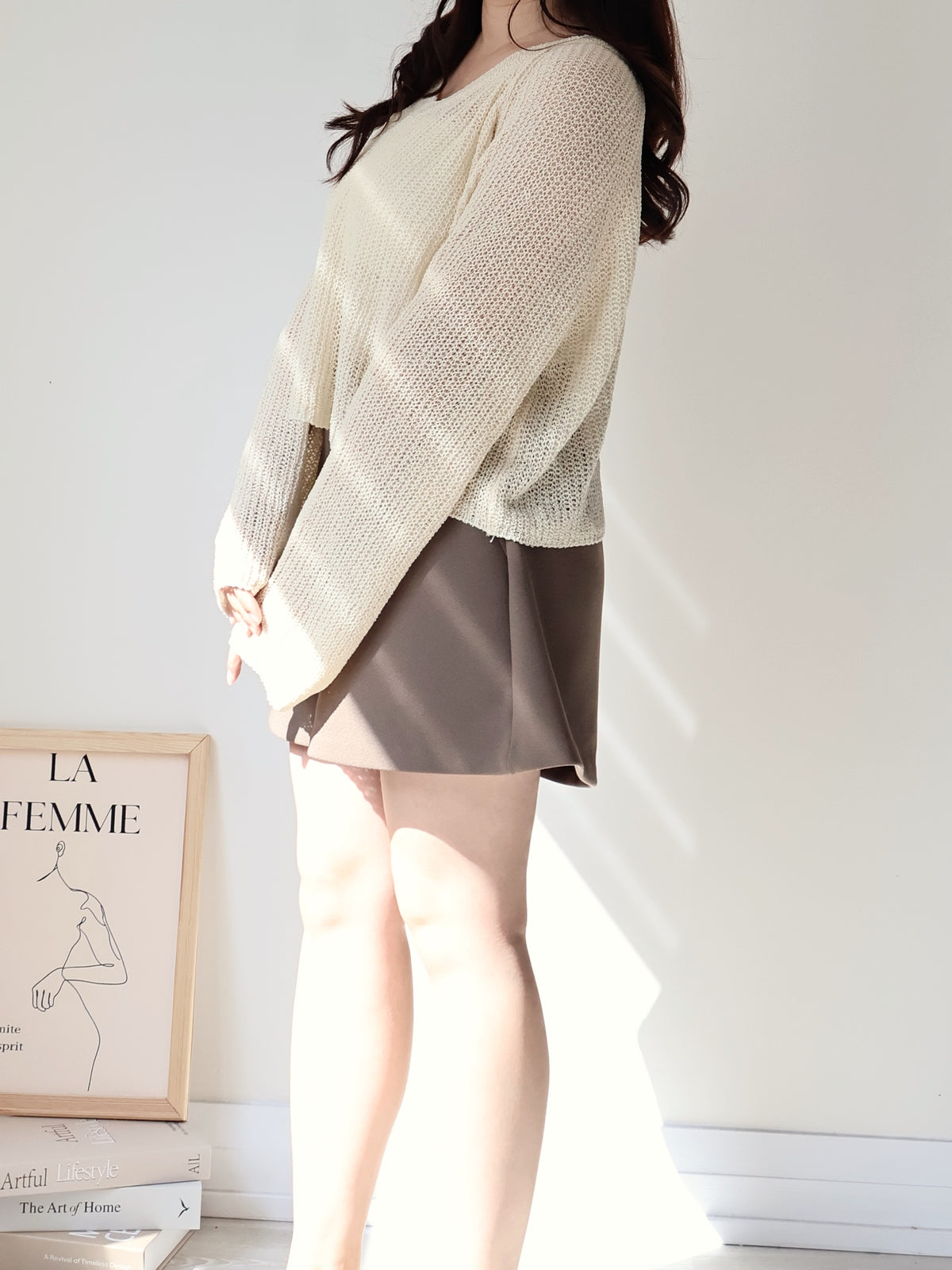 Earth Tone V-Neck Relaxed Knit Top(Cream)