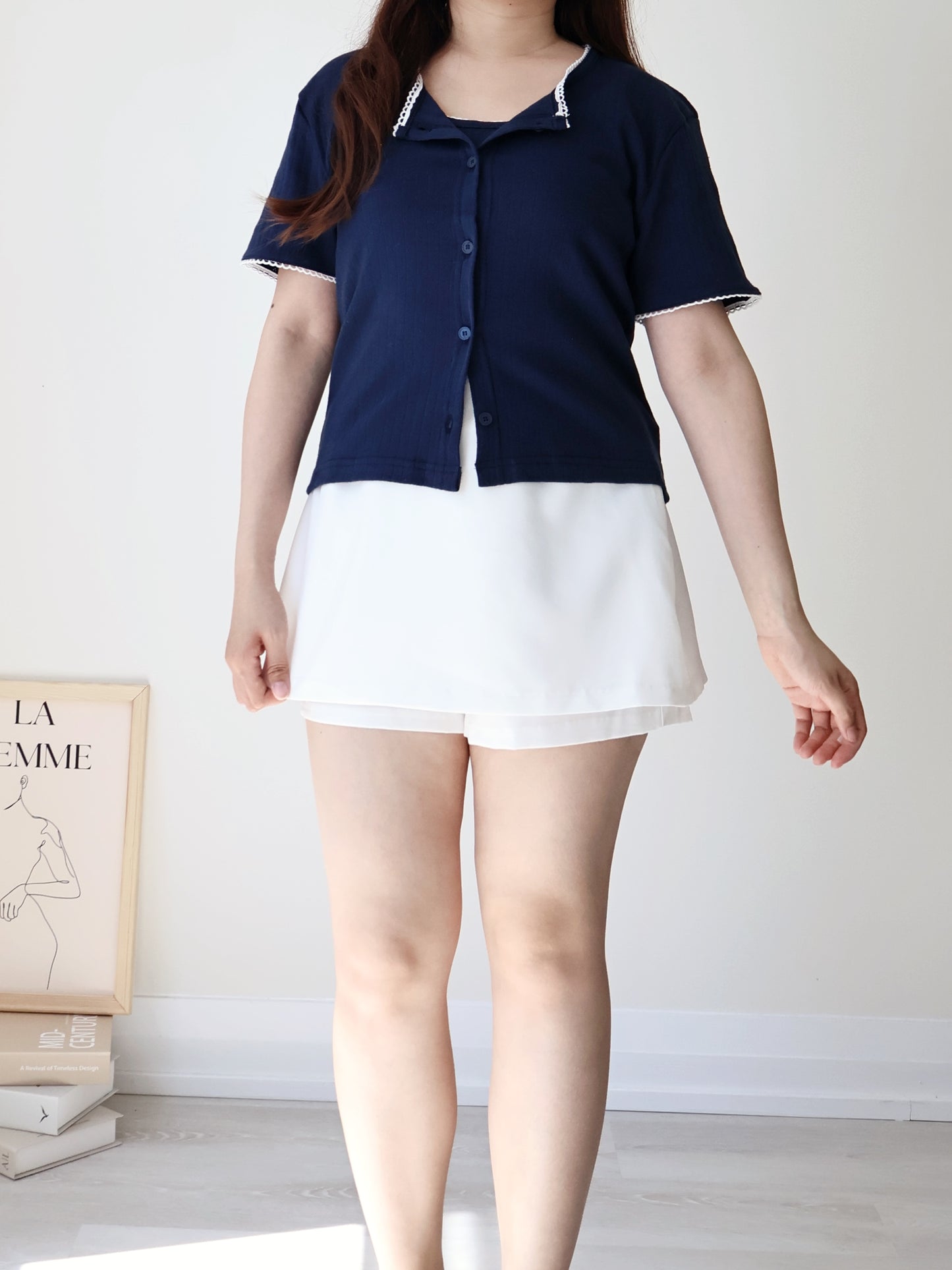Graceful Contrast-Trim Jacquard Cotton Cami + Cardigan Set(Navy)
