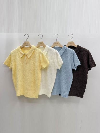 Soft Cozy Collared Feather-Yarn Knit Top(4 Colors)