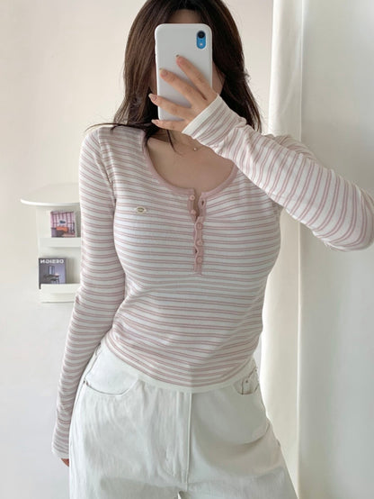 Parisian Striped Henley Knit Top(4 colors)