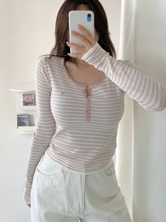 Parisian Striped Henley Knit Top(4 colors)