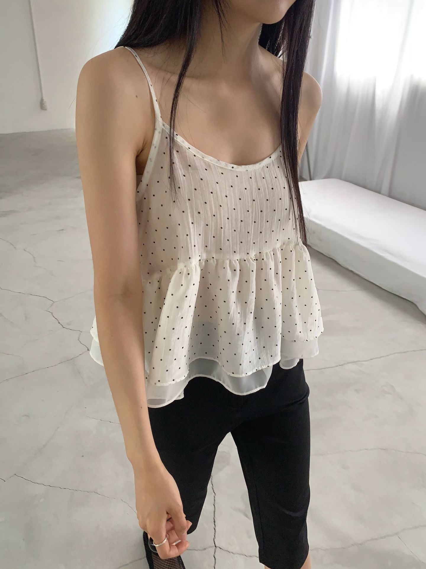 French Polka Dot Sheer Panel Tencel Cami Top(2 colors)