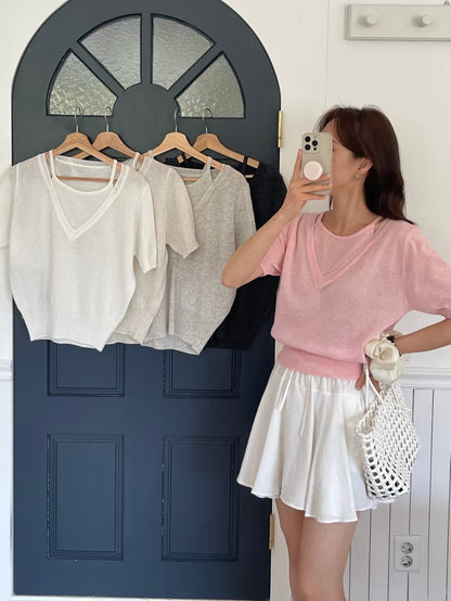 Elegant Faux-Layered Linen Knit Top(5 colors)