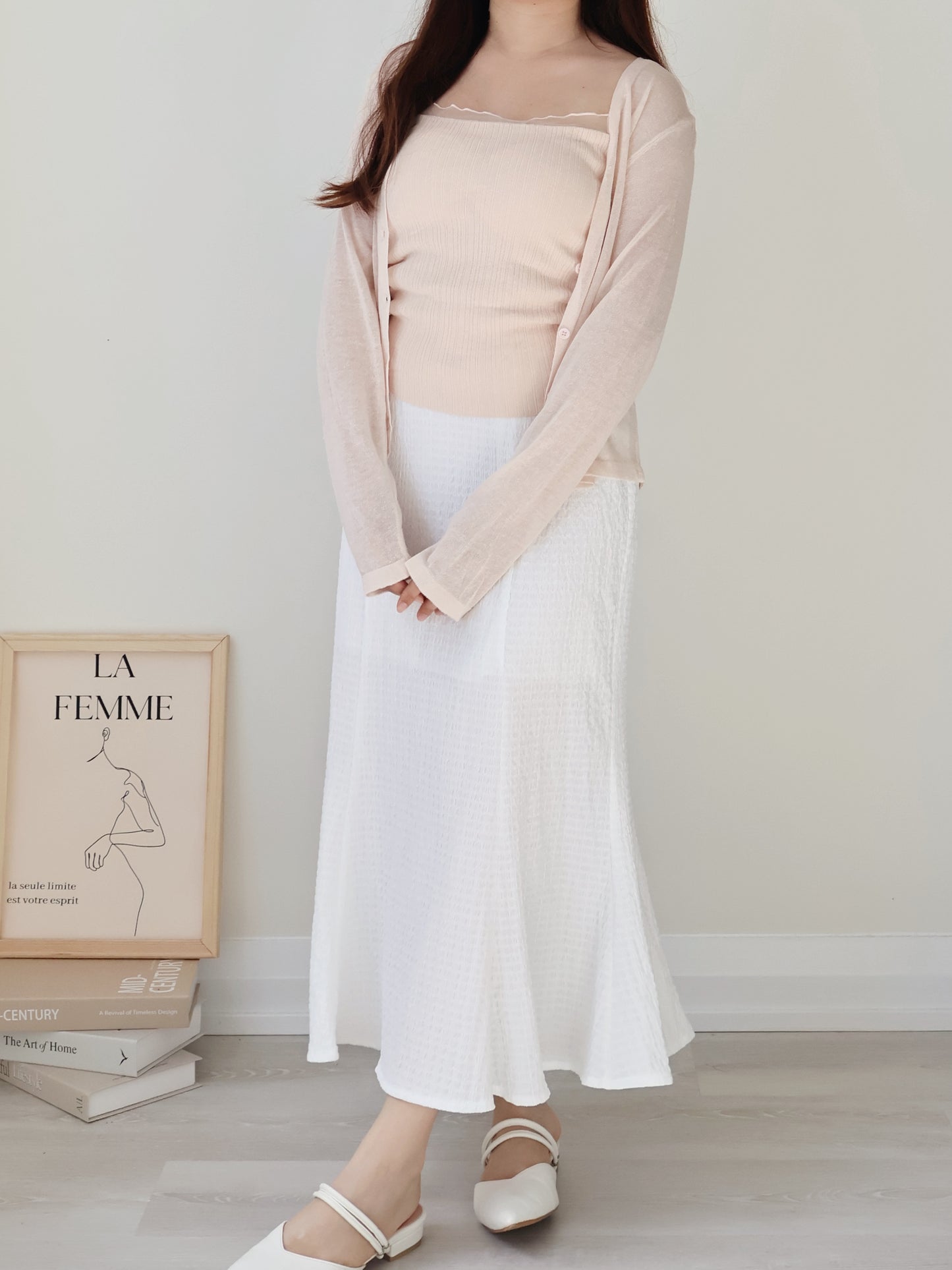 [Wrinkle-Free] Elegant Crinkle Mermaid Midi Skirt(Ivory)