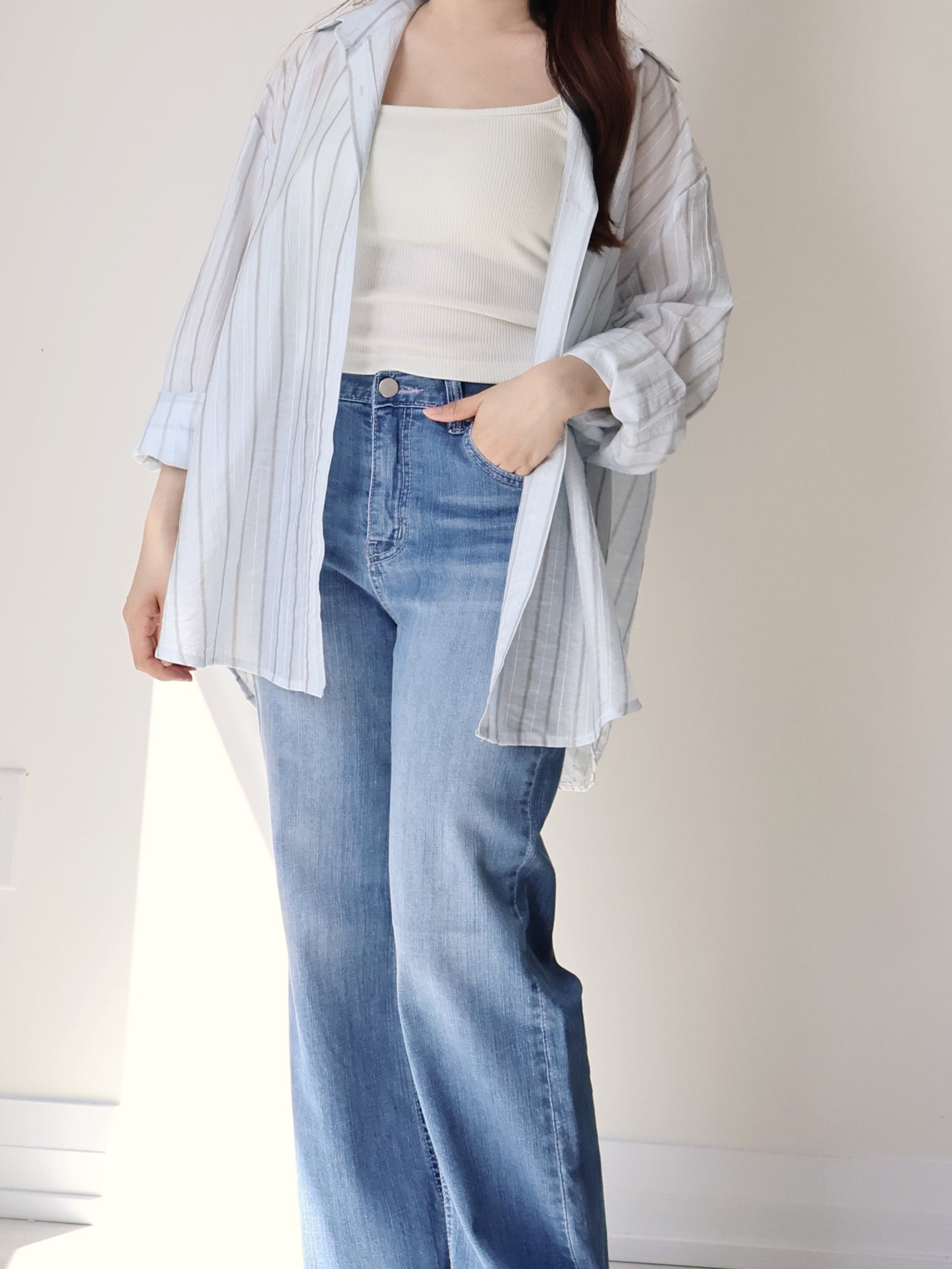 [Wrinkle-Free] Airy Sun-Protective Tencel Striped Shirt(Misty Blue)