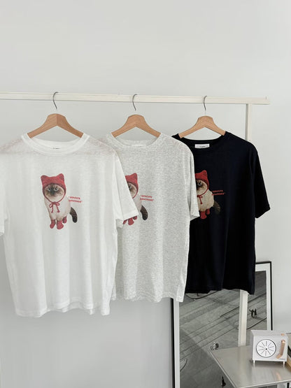 Oversized 50% Cute Cat Graphic Cotton T-Shirt(3 Colors)