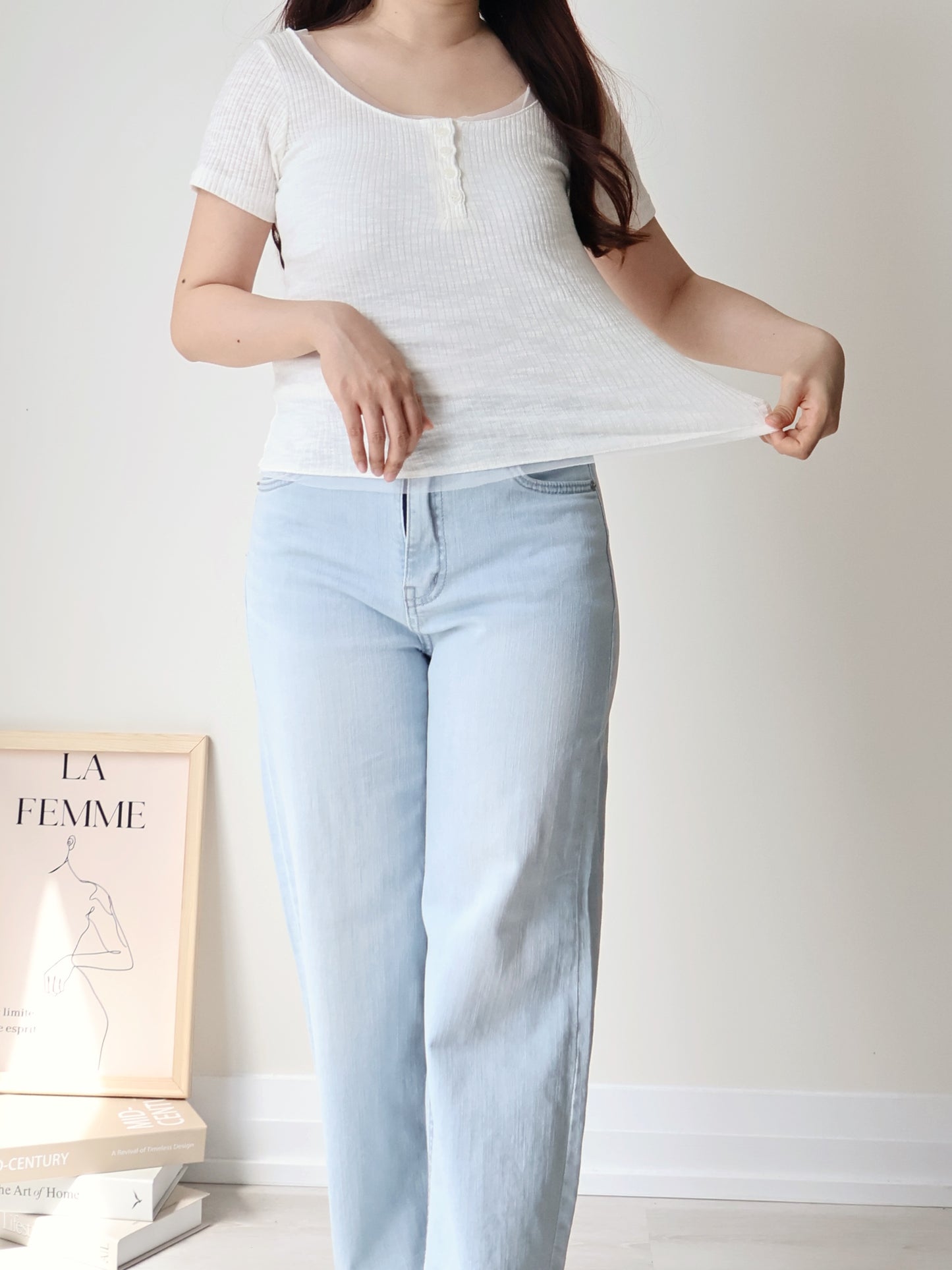 Romantic Half-Button Sheer Top(Ivory)