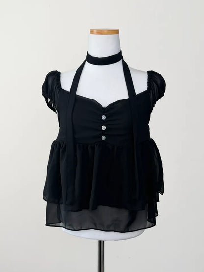 2-Way Flowy Tiered Puff-Sleeve Chiffon Blouse(3 Colors)