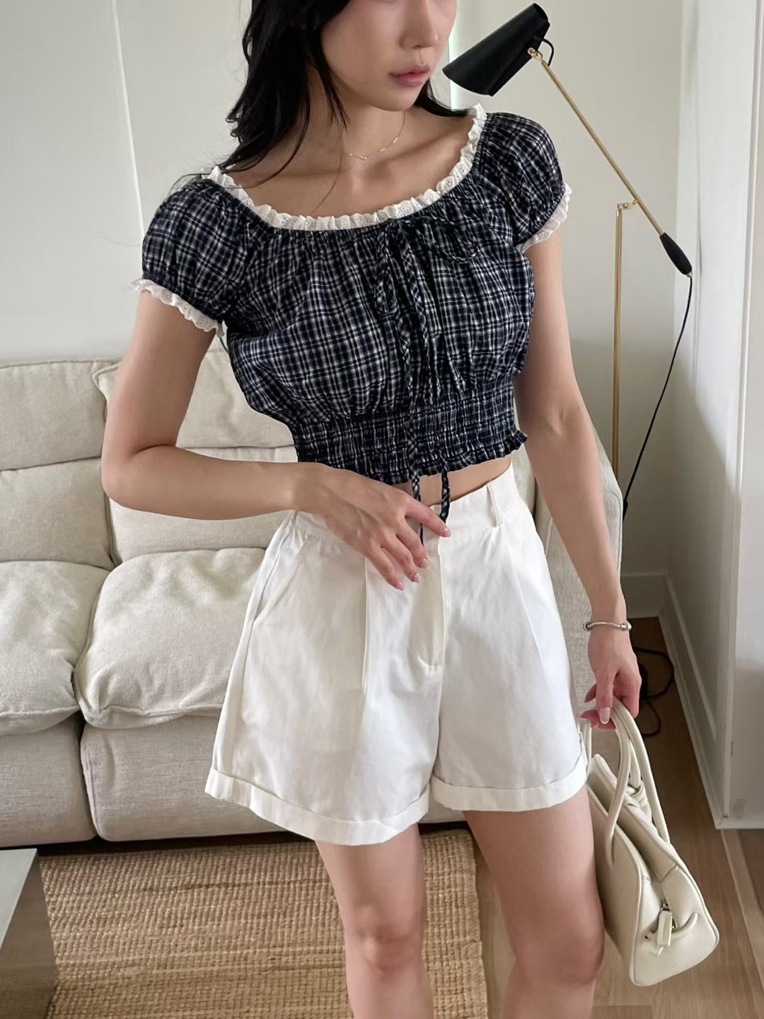 Cottagecore Lace Plaid Puff Sleeve Blouse(3 colors)