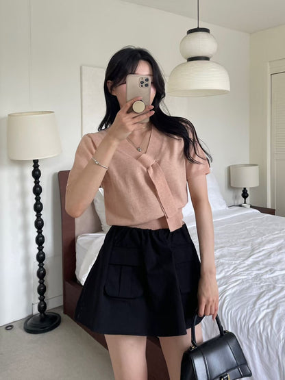 Lovely V-Neck Tie Linen Knit Top(4 Colors)