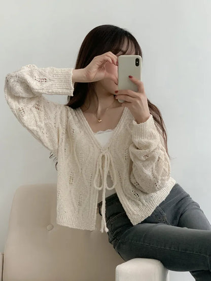 V-Neck Pointelle Tie-Front Knit Cardigan(5 colors)
