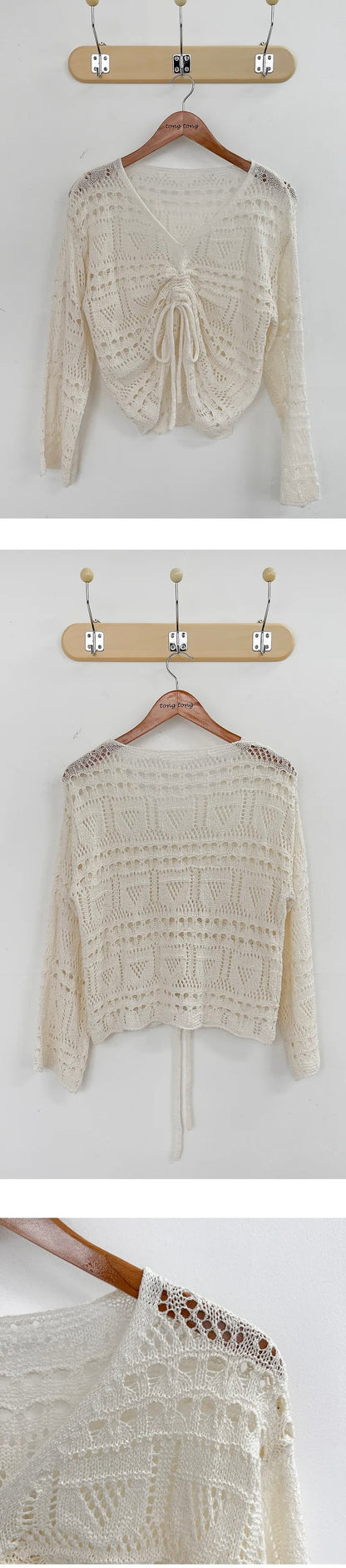 Relaxed V-Neck Drawstring Pointelle Knit Top(5 colors)