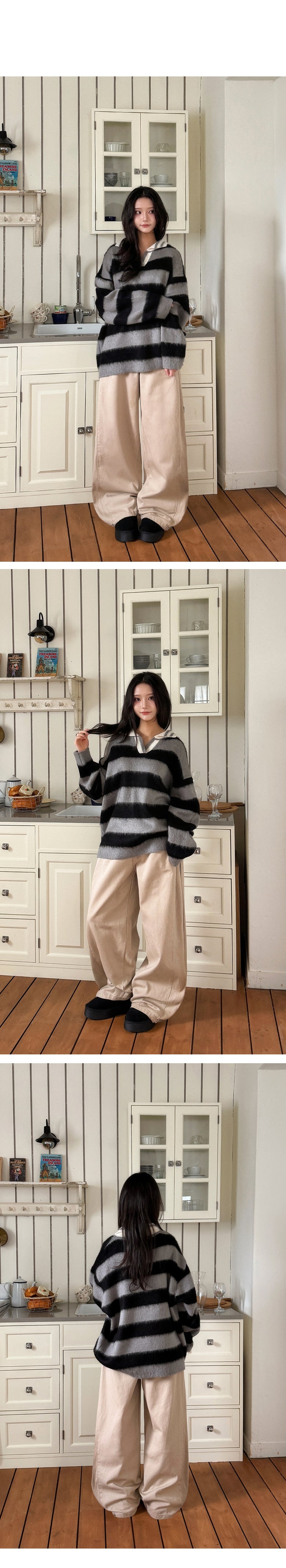 Unisex Collared Striped Color-blocked Sweater(4 colors)
