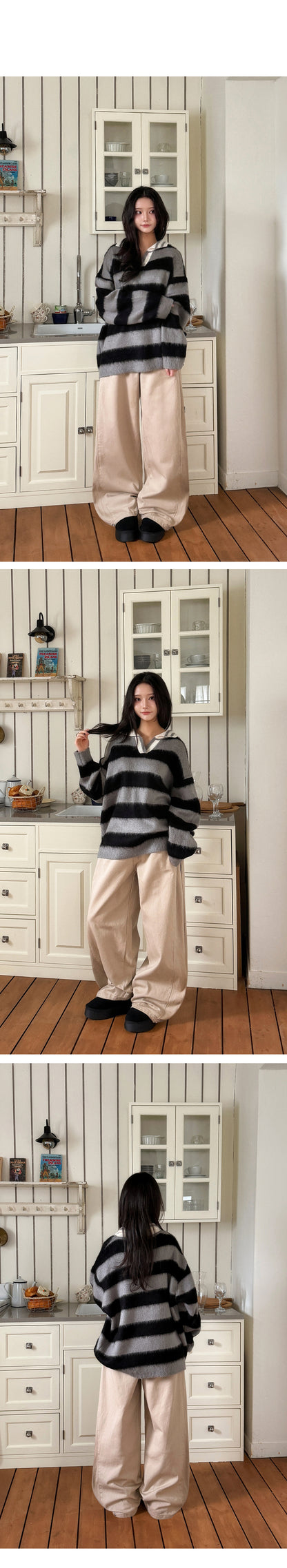 Unisex Collared Striped Color-blocked Sweater(4 colors)