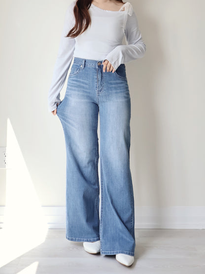 [Half Elastic Waist] Pajama-Soft Lightweight Stretchy Wide-Leg Bootcut Jeans(Light Blue)