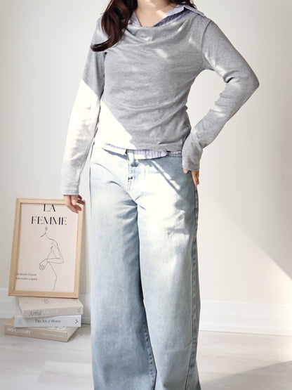 Layered Shirt-Collar Top(Grey)