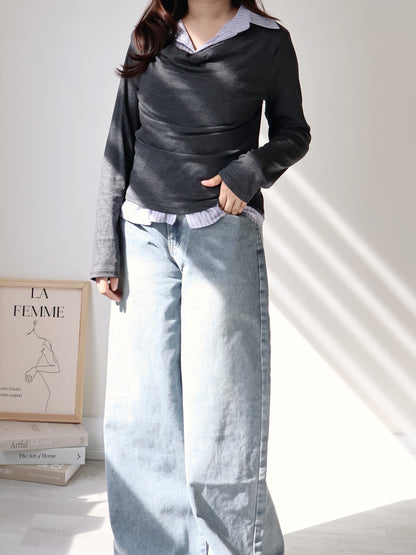 Layered Shirt-Collar Top(Charcoal)