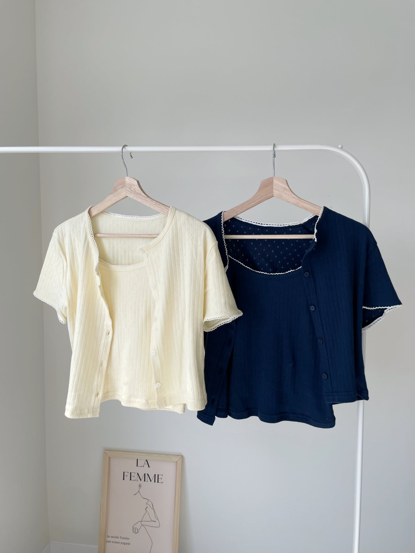 Graceful Contrast-Trim Jacquard Cotton Cami + Cardigan Set(Navy)